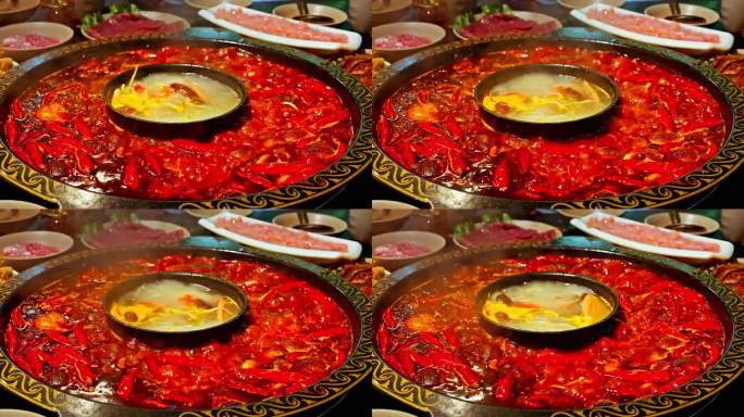 中国的麻辣火锅。特写展示食物