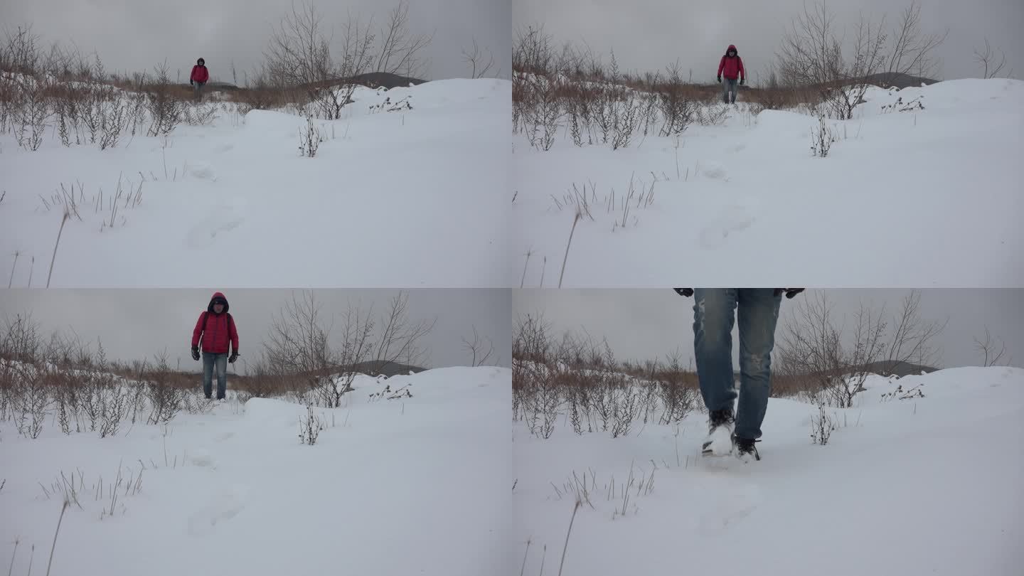 升格拍摄踏雪而行在雪地上行走雪地荒野