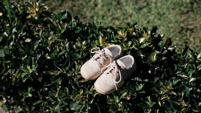 孩子的白鞋踩在灌木丛的绿叶上