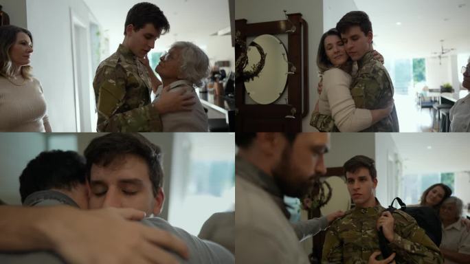 军人回家后拥抱他的母亲