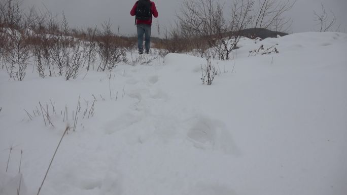 升格拍摄踏雪而行在雪地上行走雪地荒野