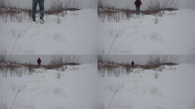 升格拍摄踏雪而行在雪地上行走雪地荒野