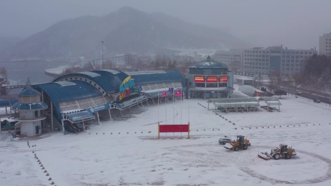 航拍大连老虎滩飘雪道路车流公交雪下雪