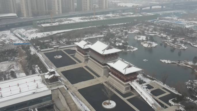 雪景九洲池航拍隋唐洛阳城遗址公园