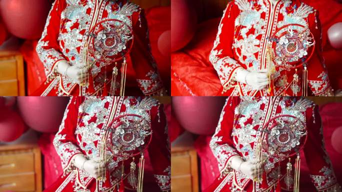 中式秀禾服新娘拿着中式扇子