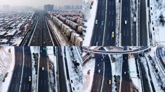 【4k】下雪后公路高架桥立交桥城市快速路