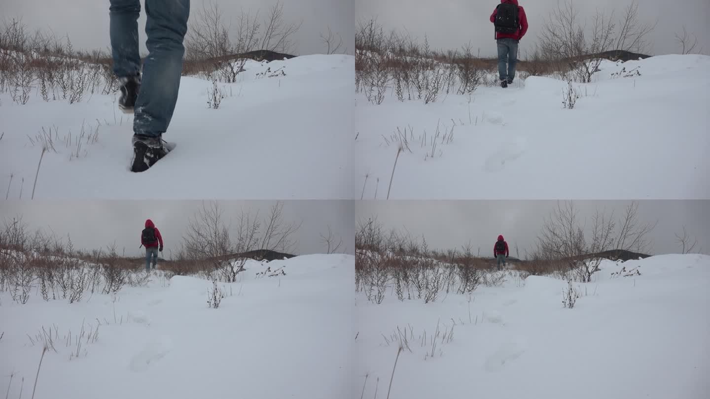 升格拍摄踏雪而行在雪地上行走雪地荒野