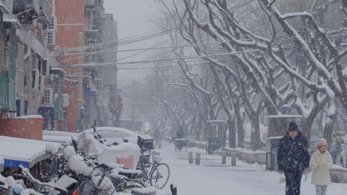 父子背影北京下雪老小区行人，雪，街道雪景