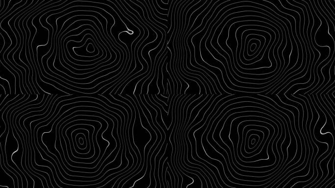 抽象动画轮廓地形等高线地图。黑色背景上移动的波浪。4K循环动画…