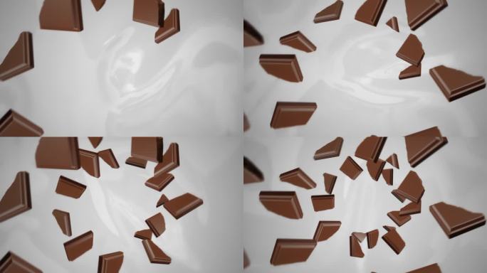 巧克力片螺旋状地落入白牛奶中，慢动作