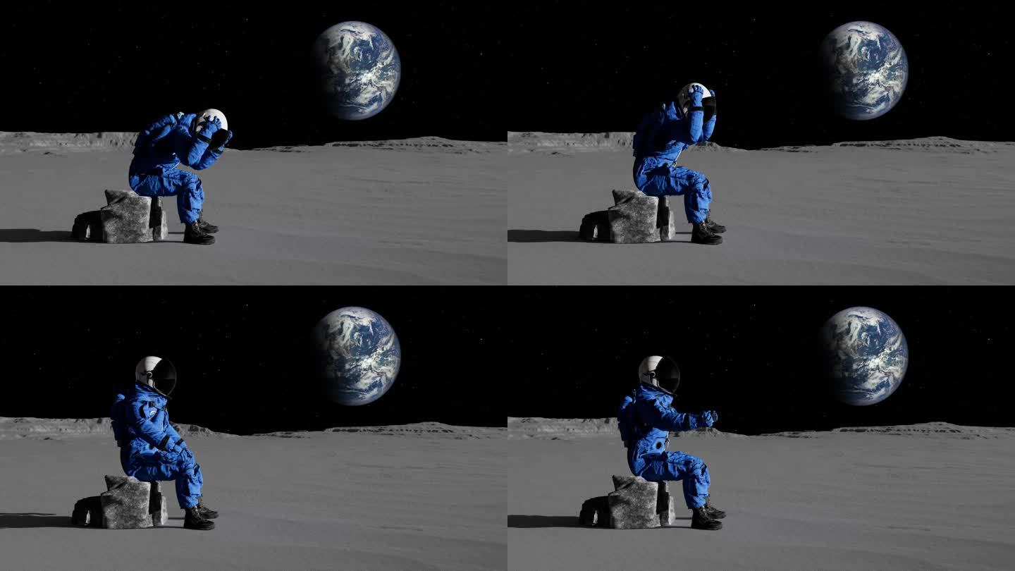 悲伤的宇航员坐在月球表面。任务失败了。
