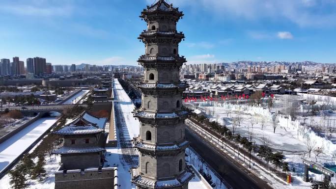 山西大同古城城墙雁塔冬季雪景航拍