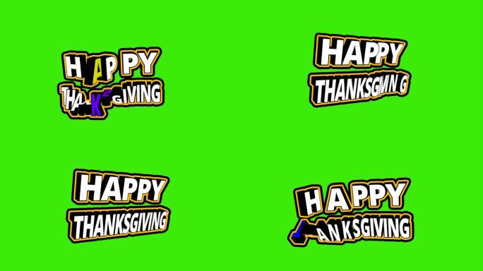 感恩节快乐3D弹性文字动画与橙色框架和旋转字母-绿色背景