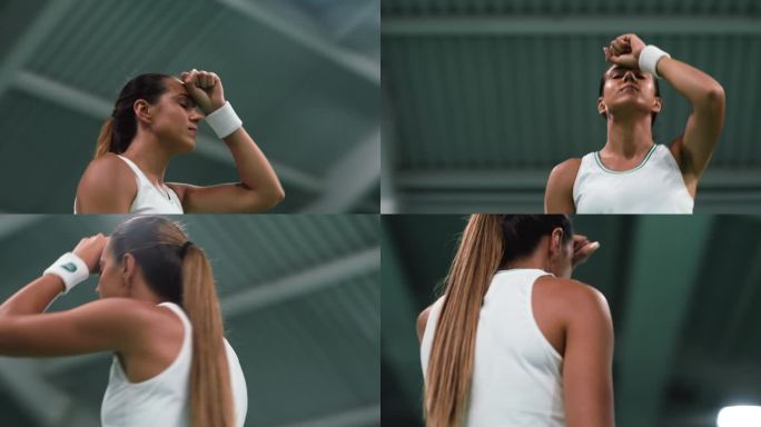 一名女子网球运动员对自己在练习赛中的表现感到愤怒