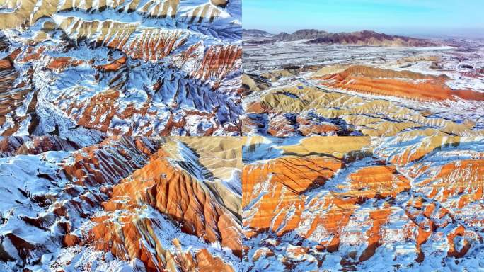 4k航拍雪后张掖七彩丹霞景区合集