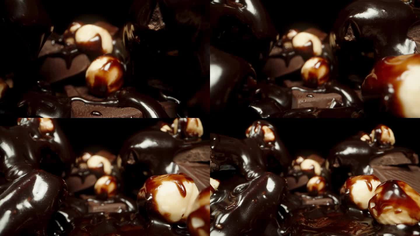 碎黑巧克力和榛子散落在一起，还撒上了巧克力。多莉滑块极端特写。