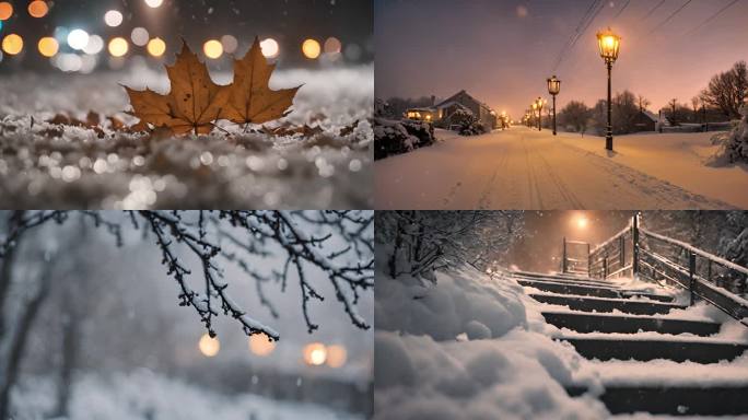 唯美雪景冬天城市夜景城市夜晚雪景大寒雪景