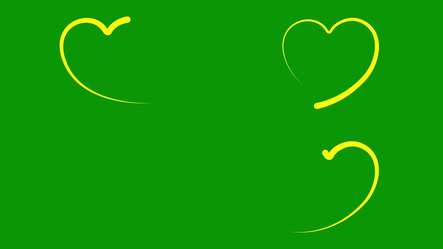 动画黄色心脏绘制与液体效果。画出和消失的笔触的效果。爱的概念，志愿服务，捐赠。矢量插图隔离在绿色背景