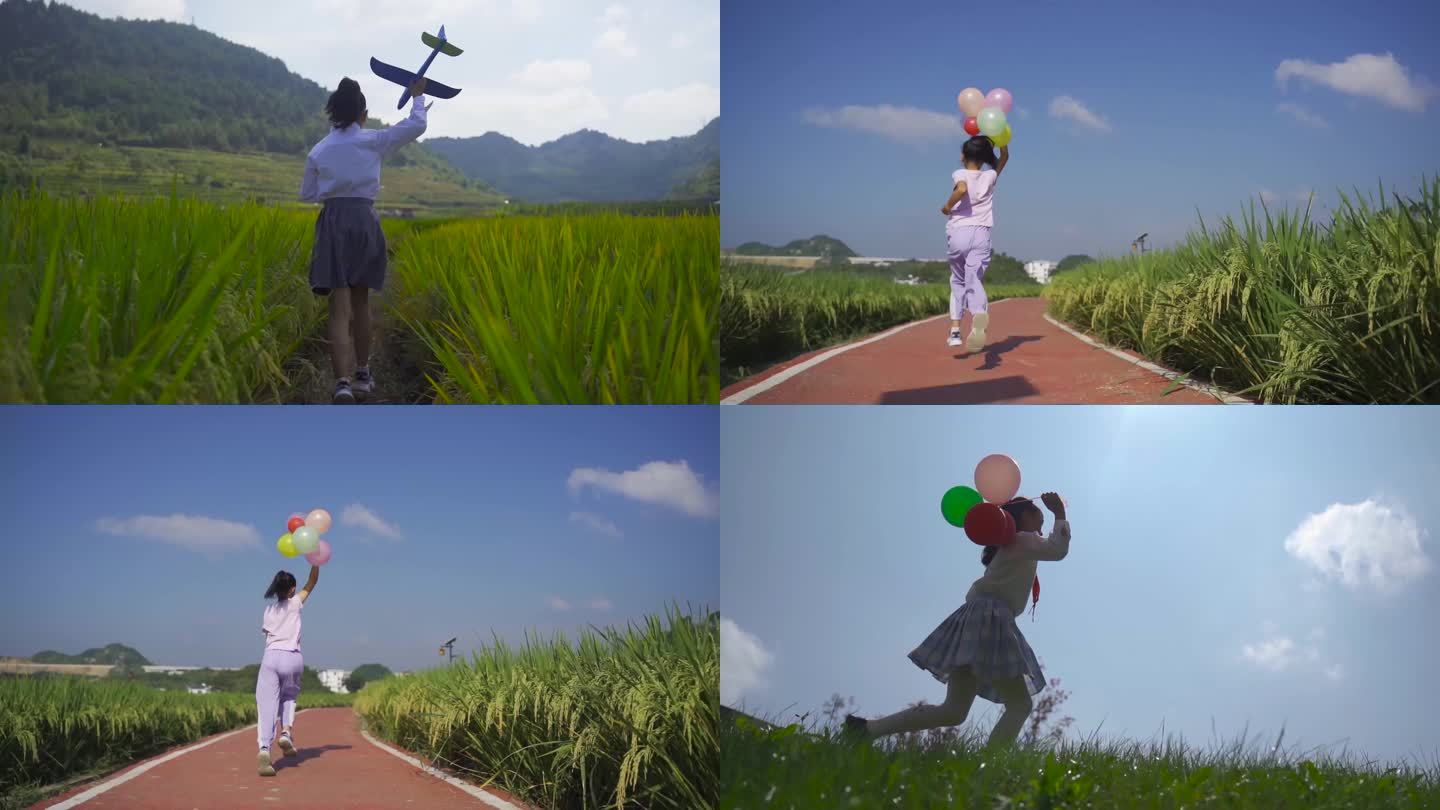 女孩手拿气球 稻谷快乐奔跑飞机模型儿童节