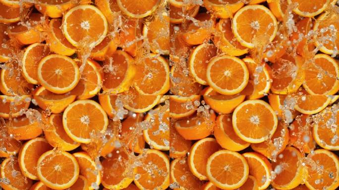 新鲜橙子飞溅的超级慢动作镜头
