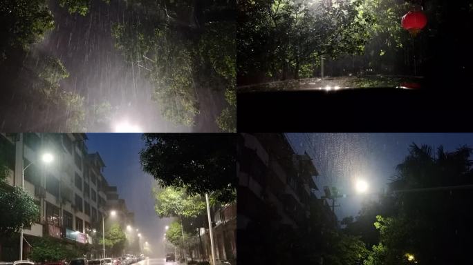 黑夜下雨 倾盆大雨 雨夜夜晚下雨雨季夜景