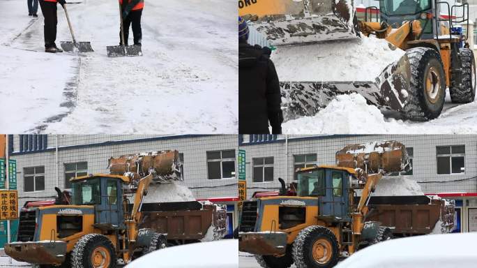 暴雪后环卫工人忙碌的清雪工作