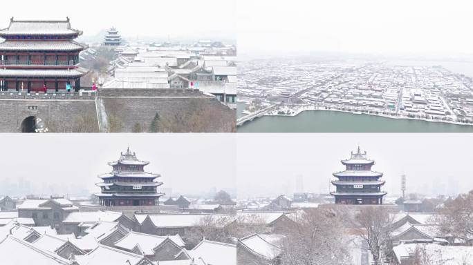 古城大雪雪景航拍各角度素材视频