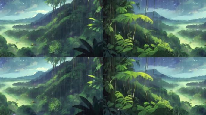 6K宽屏大屏油画唯美热带雨林下雨背景