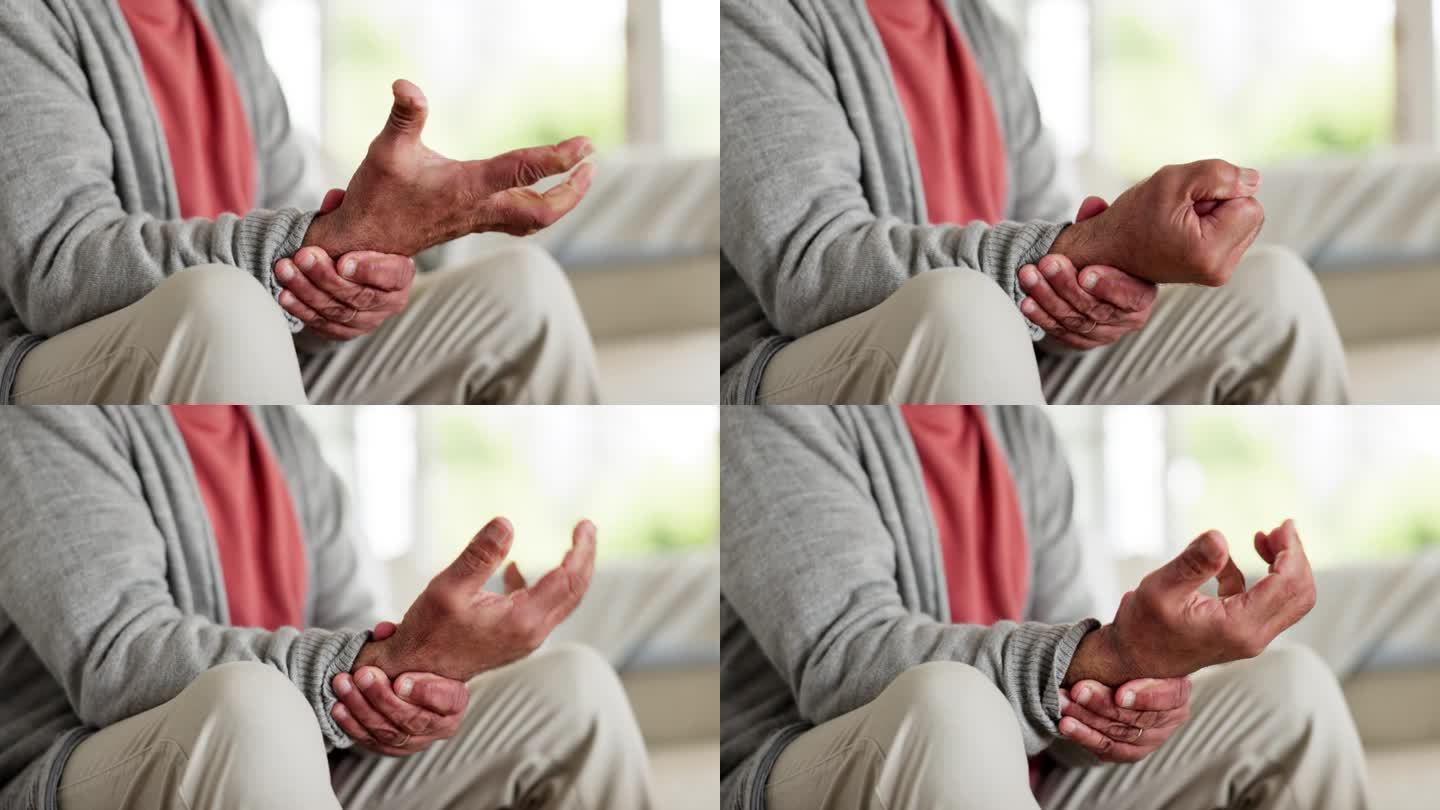 在养老院的客厅里，老人的手、手腕疼痛或纤维肌痛。医疗，按摩或骨质疏松症和老年人与关节损伤或关节炎疾病