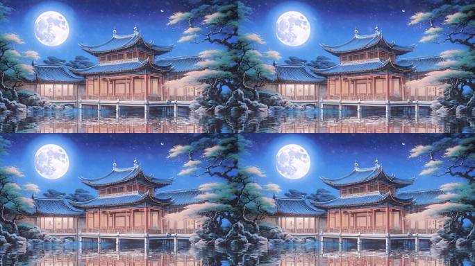 粉雪中式建筑月亮being背景视频