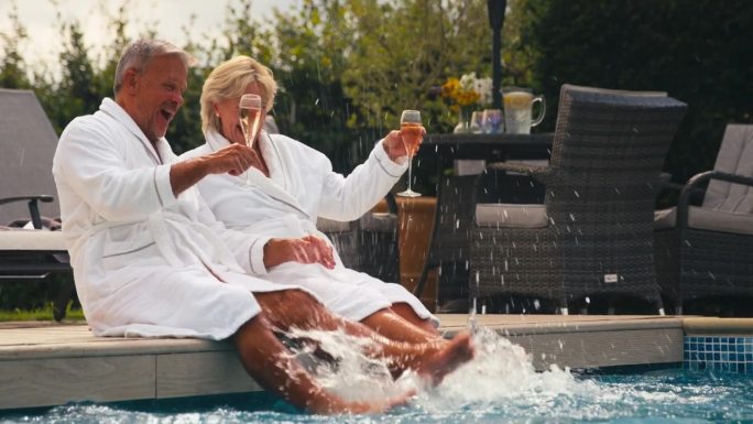 穿着长袍的老夫妇在室外的游泳池边喝香槟，在水疗日的水里嬉戏