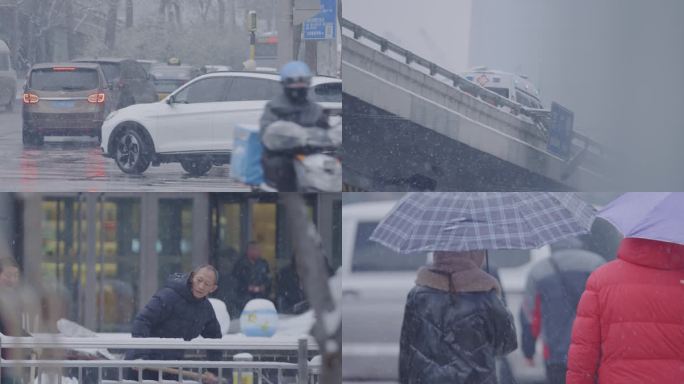 北京清晨街道下雪雪景，雪天上班交通出行