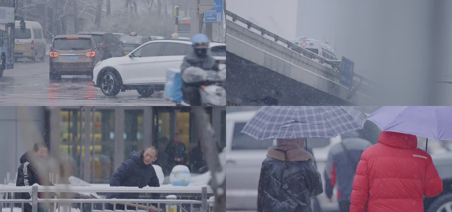 北京清晨街道下雪雪景，雪天上班交通出行