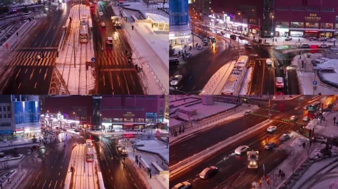 航拍长江路火车站大连站雪下雪雪天道路车流