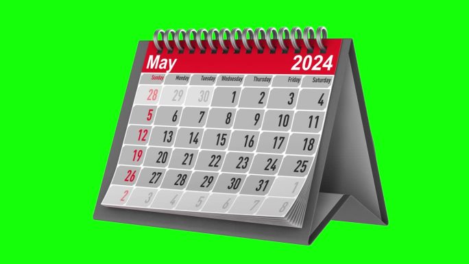 绿色背景的2024年日历。独立3D渲染