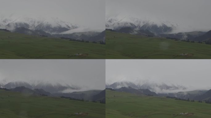 延时拍摄雪山草地、云雾环绕