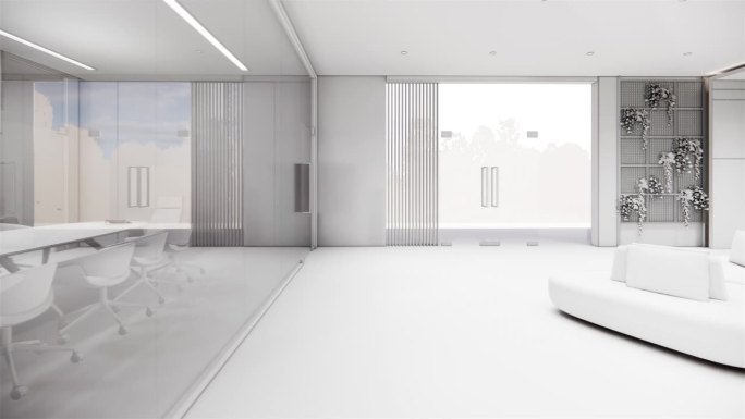 室内空现代阁楼办公室开放空间现代办公室镜头。现代开放式大堂及接待区会议室设计。3D渲染。