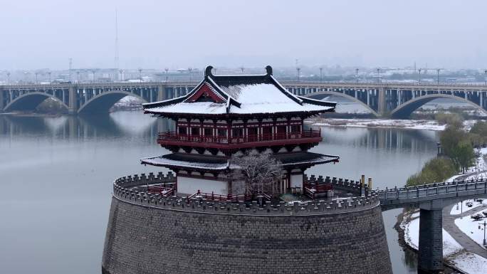 航拍洛阳朱樱塔雪景