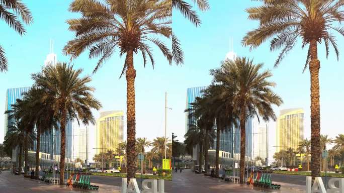 迪拜城市，白天的城市景观，白天蓝天的摩天大楼，哈利法塔特写。高质量的全高清镜头