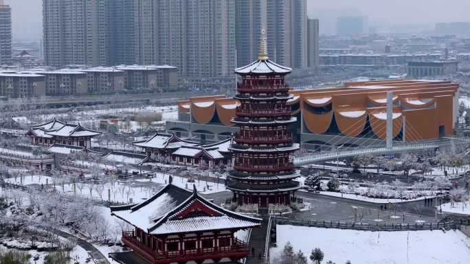 航拍洛阳朱樱塔雪景