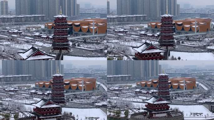 航拍洛阳朱樱塔雪景