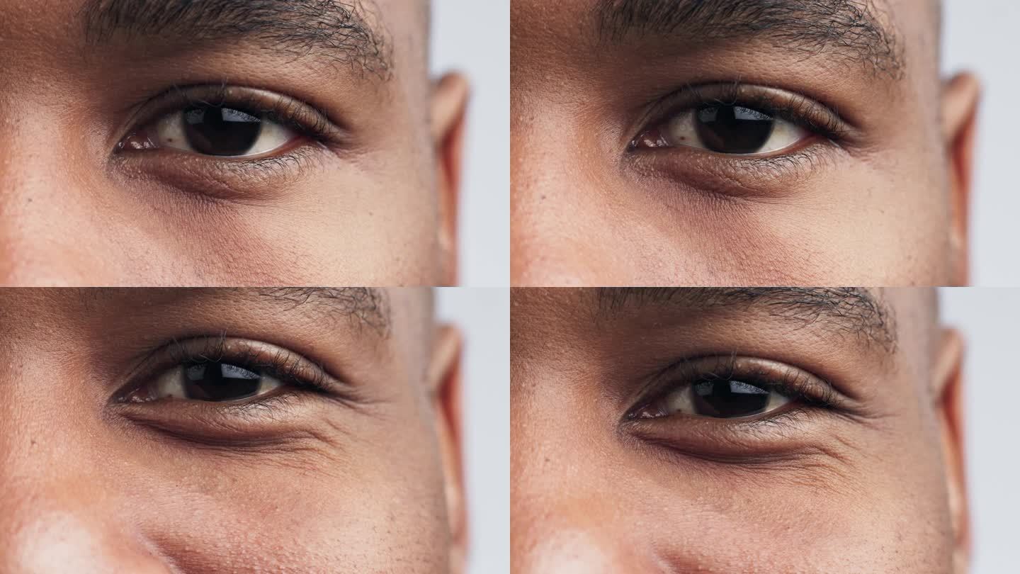 眼睛，视力和变焦与黑人肖像在工作室为健康，保健，验光或视网膜。人，隐形眼镜和白色背景的人的特写检查眼