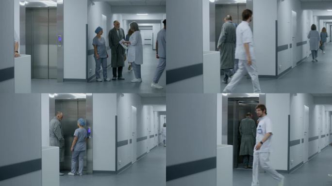 护士带着年迈的病人走进电梯