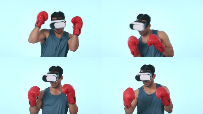 男人，拳击和虚拟现实眼镜由工作室背景的虚拟世界游戏，训练或锻炼。运动员，3D用户体验和视频ui的战斗