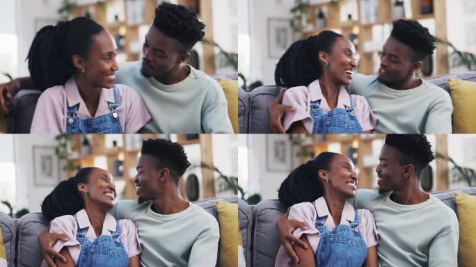 爱，拥抱或幸福的黑人夫妇在家里的客厅结合在一起，以支持或信任放松。沙发，谈话或非洲男人说话，拥抱或交