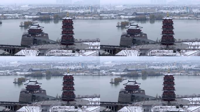 航拍洛阳朱樱塔雪景