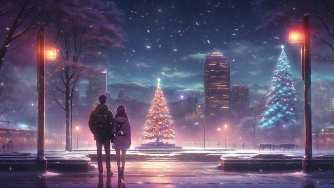 4K卡通动漫情侣圣诞恋爱广场概念背景