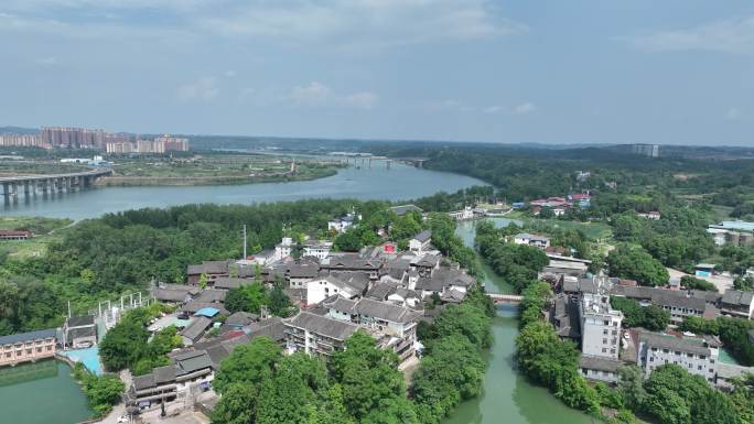 航拍四川遂宁龙凤古镇夏季风景培江岸边