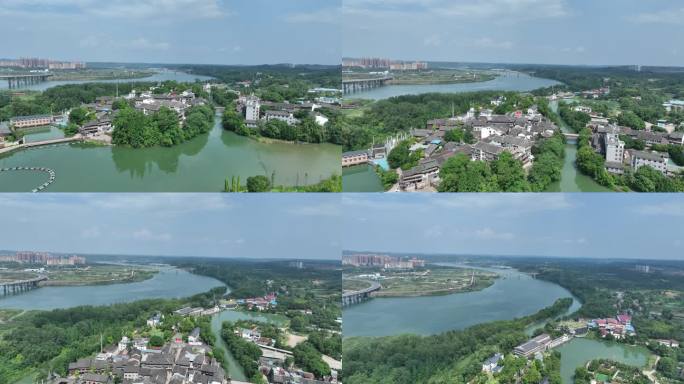 航拍四川遂宁龙凤古镇夏季风景培江岸边