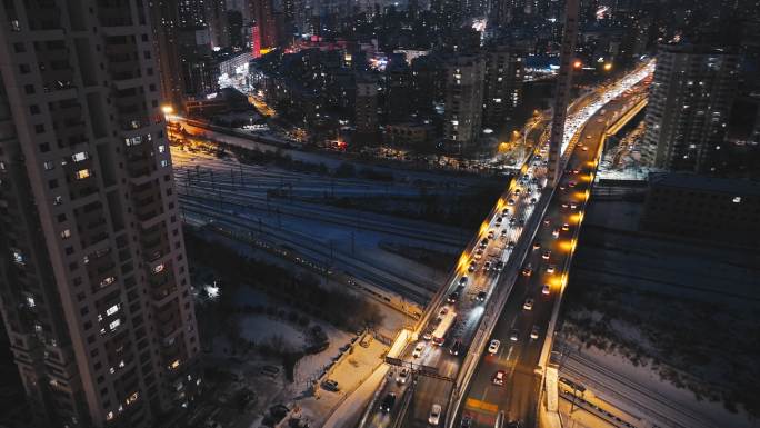 沈阳老道口火车冬季夜景航拍城市风景